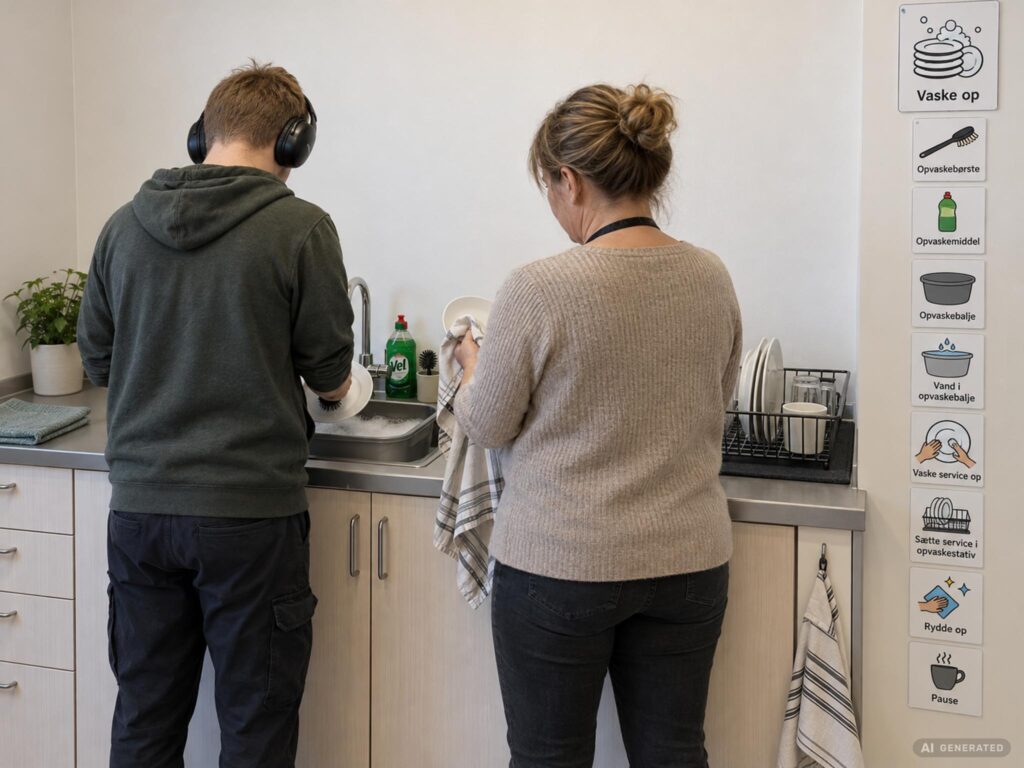 Borger og pædagog i 1:1 ADL opgave i HabitusHuset Orup - Ai Genereret